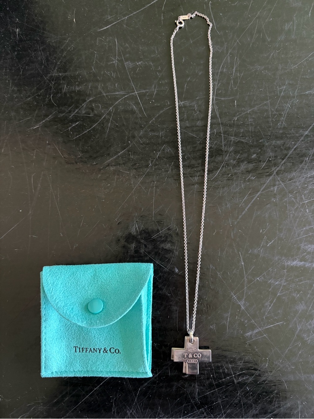 Tiffany & Co. Sterling Silver Cross Necklace with Blue Pouch